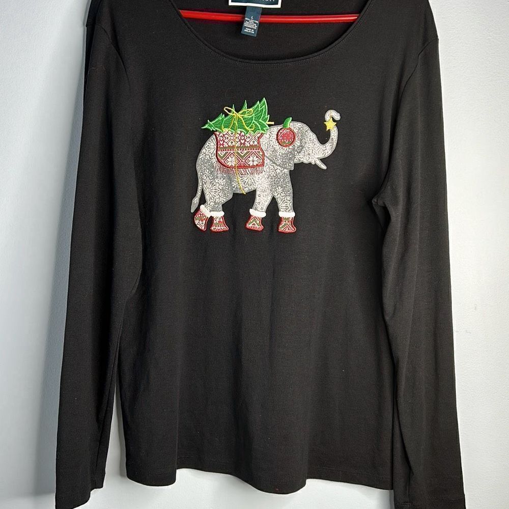 Karen Scott Christmas Elephant Black T Shirt Lg